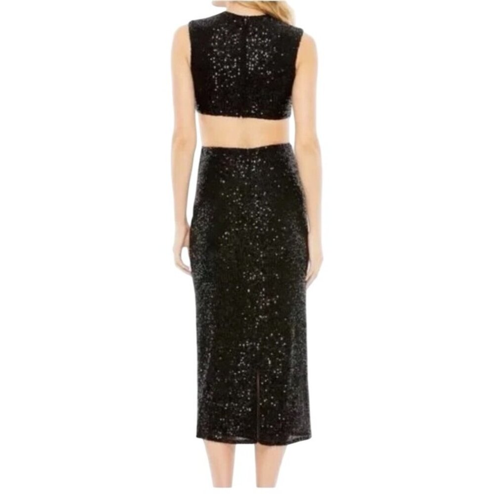 Mac Duggal Sequin Front Twist Cut Out Midi Sheath Dress Black Size 0 New W Tag - Picture 12 of 16